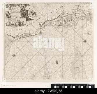 Carte de passe de la côte ouest du Jutland, Jan Luyken, 1681 - 1799 imprimer carte de passe de la côte ouest du Jutland de la Witte Bank et de la Doggersbank au Jutse RIF, avec deux roses de boussole, le nord est sur la gauche. En haut à gauche un cartouche avec le titre et l'adresse de l'éditeur, entouré de chiens, de chasseurs et de bergers. Sous l'adresse, l'échelle en miles allemand, espagnol et anglais ou français. Amsterdam papier gravure / chasseur de gravure. troupeaux, bergers, bergers, bergers, bergers, bergers, vache, etc. Chien Jutland. Mer du Nord Banque D'Images