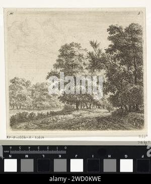 Deux chemins forestiers, Anthonie Waterloo, 1655 - 1765 imprimer deux chemins forestiers sont parallèles l'un à l'autre. Un homme marche sur le bon chemin. Un homme dort devant à droite. Chemin ou ruelle de la forêt de gravure de papier d'Amsterdam. paysages (+ paysage avec figures, staffage). Dormir sur le sol - BB - hors des portes Banque D'Images
