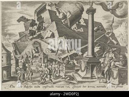 La destruction de la tour de Babel, Philips Galle, après Maarten van Heemskerck, 1569 imprimer la tour de Babel s'effondre. Au premier plan une colonne sur laquelle un calice fumant et la statue d'un lion, contre laquelle un soldat s'appuie. A gauche les gens qui fuient. Haarlem gravure sur papier la confusion des langues et la dispersion des gens sur la terre  Histoire de la Tour de Babel Banque D'Images