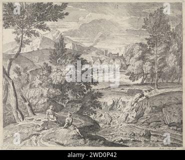 Paysage arcadien avec deux figures à une cascade, Richard van Orley (II), d'après Jean François Millet (I), 1678 - 1732 print Bruxelles gravure papier gravure / cascade Banque D'Images