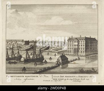 Vue des terres Zeemagazijn (Admiraliteit Wagazijn) à Amsterdam, Anonyme, 1757 - 1766 imprimer vue des terres Zeemagazijn, aussi connu sous le nom d'entrepôt de l'Amirauté, à Kattenburgerplein à Amsterdam (à droite). Sur la partie gauche de la cour d'amirauté qui l'accompagne. Vu de l'eau. Sous le spectacle le titre en latin et néerlandais. Numéroté en bas à droite : 51. Amsterdam gravure de papier / gravure structure à grande échelle pour le stockage, par exemple : entrepôt, dépôt, silo. magasin de munitions, arsenal. Chantier naval, Shipdock l'entrepôt maritime du pays. Admiraltyterf. Kattenburg Banque D'Images