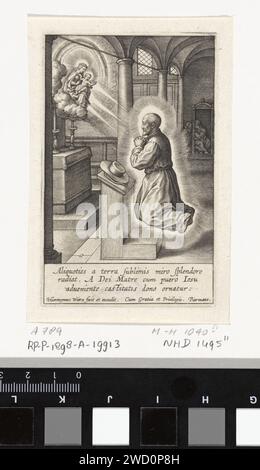 Ignatius van Loyola a une vision de Marie avec le Christkind, Hieronymus Wierix, 1611 - 1615 print Ignatius van Loyola, flottant pour un autel dans une église. Il est en prière et reçoit une vision de Marie et de l'enfant Christ sur les nuages. L'enfant fait un geste de bénédiction. Dans la marge, une légende à trois faces en latin. Anvers gravure sur papier visions de St. Ignace de Loyola Banque D'Images