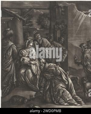 Adoration des Rois, Jan van Somer, d'après Guido Reni, 1655 - 1700 imprimer l'enfant Christ, en présence de Marie et Joseph, est vénéré par les trois sages d'Orient qui ont été dessinés pour l'enfant avec leurs dons. Papier adoration des rois : les Sages présentent leurs dons au Christ-enfant (or, encens et myrrhe) Banque D'Images