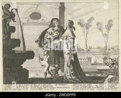 De Jeugd, Jan Christoffel Jegher, d'après Abraham bosse, 1643 - 1666 imprimer Un couple amoureux, accompagné d'Amor, sur une terrasse. A laissé au premier plan une fontaine, couronnée d'un putto assis sur un cygne. Sur la droite en arrière-plan un jardin avec un paon. Dans la marge un poème de huit lignes en néerlandais et en français qui fait référence à la jeunesse, mais aussi à l'éphémère de la jeunesse. Deuxième tirage d'une série de quatre avec les âges de l'homme. Anvers gravure sur papier adolescent, jeune femme, jeune fille. couple d'amoureux. fontaine de jardin Banque D'Images