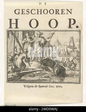 Page de titre de la brochure : de Schooren Hoop, 1702, Romeyn de Hooghe, 1702 print feuille de titre de la brochure : de Schooren Hoop, 1702. Arrivée d'un navire dans une ville turque ou nord-africaine où le drapeau français flotte. Gravure sur papier du nord des pays-Bas / impression typographique Banque D'Images