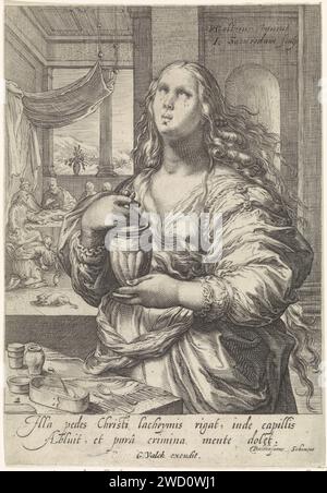 Maria Magdalena, Jan Saenredam, d'après Hendrick Goltzius, 1661 - 1726 print Maria Magdalena, pleurant, avec une cruche avec de l'huile de baume dans sa main. En arrière-plan, elle piétine les pieds du Christ quand il est invité chez Simon de Pharisien. L'estampe a une légende latine et fait partie d'une série de presse avec des femmes célèbres de l'imprimeur du Nouveau Testament : Northern Netherlandspublisher : Amsterdam gravure sur papier de la harlot pénitente Mary Magdalene ; attributs possibles : livre (ou rouleau), couronne, couronne d'épines, crucifix, pot de pommade, miroir, instrument de musique, branche de palmier, rosaire, fléau. Les pieds de Christ sont A. Banque D'Images