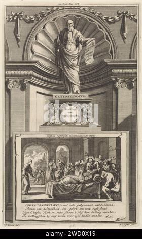 H. Johannes chrysostomus, kerkvader, Jan luyken, d'après Jan Goeree, imprimer le père de l'église sainte John Chrysostomus, debout sur un piédestal. Sur le devant une scène dans laquelle Chrysostomus meurt après avoir été abusé plusieurs fois. Imprimer au milieu de celui-ci marqué : iii. Partager p. 557. Amsterdam gravure sur papier / gravure l'archevêque de Constantinople, Jean Chrysostome ; attributs possibles : ruche, colombe. L'archevêque de Constantinople, Jean Chrysostome ; attributs possibles : ruche, colombe - martyre, souffrance, malheur, mort du saint mâle Banque D'Images