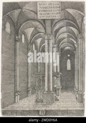 Interior van de Synagoge te Regensburg, Albrecht Altdorfer, 1519 print intérieur de la synagogue de Ratisbonne. L'espace est large de deux baies, avec l'Arche entre la deuxième et la troisième colonne de la rangée de colonne du milieu. Allemagne papier gravure de la synagogue (comme bâtiment et lieu de culte  religion juive) Regensburg Banque D'Images