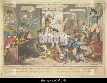 Napoléon le retour d'Elbe, 1815, George Cuikshank, d'après George Humphrey, 1815 impression Cartoon sur le retour de Napoléon de son exil à l'Elbe, mars 1815. Napoléon perturbe les princes d’Europe qui travaillent dans un atelier de vêtements (pour couper l’Europe en morceaux). Le roi Louis XVIII et le pape Pie VII sont sur le sol, Jean Bull se tient entre eux. Sur la droite, le Hollander est choqué (le roi Guillaume I peut-être ici). Ici aussi l'empereur autrichien Frans II et le tsar russe Alexandre Ier Sur la gauche sur la table de tailleur le général prussien Blücher et le roi Frederik Willem III et le Banque D'Images