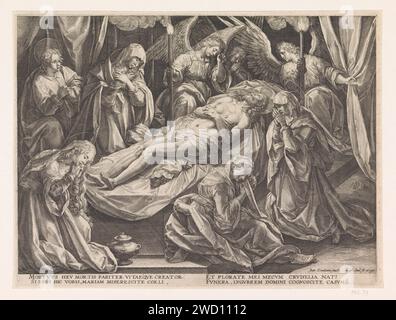 Leef of Christ par Engelen, Jean l'Evangéliste et les trois Sainte femmes, Raphaël Sadeler (I), d'après Jan van der Straet, 1590 - 1632 print le Christ est couché sur une tombe dans sa tombe. Jean l'évangéliste, les trois femmes saintes et quelques anges l'ont emmené autour de la tombe. München gravure sur papier / gravure lamentation sur le Christ mort par ses parents et amis (Christ généralement sans couronne d'épines) (+ ange(s)) Banque D'Images