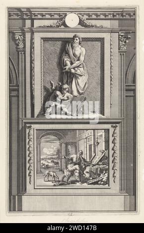 H. Theophilus van Antioche, apologiste, Jan Luyken, d'après Jan Goeree, 1698 imprimer le Saint apologiste Théophilus d'Antioche avec un rouleau de papier dans ses mains. Un ange étudie un livre à ses pieds. Théophile est sur un piédestal où son étude des écrits chrétiens a été dépeint sur le front. Amsterdam gravure sur papier / gravure de saints mâles (avec NOM). culte privé et étude religieuse Banque D'Images