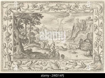 Baptême du Christ, Adriaen Collaert, d'après Hans bol, 1582 - 1586 imprimer Paysage de la rivière. Au premier plan, Christ est baptisé par Jean le Baptiste dans le Jordaan. Deux anges tiennent ses vêtements. L'impression a une liste d'ornement avec des fleurs et des animaux. Il fait partie d'une série de paysages à quatre pattes avec des scènes bibliques, mythologiques et des scènes de chasse. Imprimeur : Antwerpafter design by : Antwerppublisher : Amsterdampublisher : Anvers gravure sur papier baptême du Christ dans la rivière Jourdain : Jean le Baptiste versant de l'eau sur la tête du Christ : le Saint-Esprit descend (+ ange(s)). rivière. flow Banque D'Images