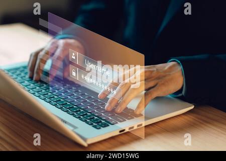 Nom d'utilisateur et mot de passe (Login). Cybersécurité. Informations sur la protection des données. Cryptage et sécurité accès sécurisé aux données personnelles des utilisateurs. Cybercriminalité. Co Banque D'Images