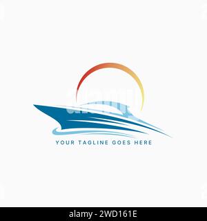 Conception de logo concept graphique créatif premium vecteur stock Sign icône yacht de luxe bateau avec plage de vagues et coucher de soleil. Lié à voile Ocean Travel Island Illustration de Vecteur