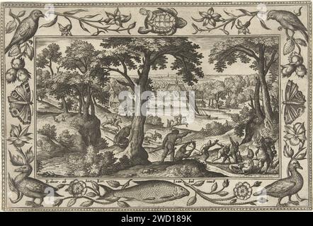 Zwijnenjacht, Adriaen Collaert, d'après Hans bol, 1582 - 1586 imprimer Paysage forestier avec chasse au porc. Au premier plan, un sanglier est attaqué par des chiens et poignardé par des chasseurs. L'impression a une liste ornementale de fleurs et d'animaux. Il fait partie d'une série de paysages à quatre pattes avec des scènes bibliques, mythologiques et des scènes de chasse. Anvers gravure papier chasse au sanglier. forêt, bois. fleurs  ornement. oiseaux ornementaux. tortues, tortues (+ variantes ornementales des animaux). poissons (+ variantes ornementales des animaux) Banque D'Images