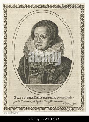 Portracted van Eionora Gonzaga in Ovaal, Cornelis Danckerts (I), 1613 - 1656 print Portrait d'Eleonora Gonzaga, princesse de Mantoue, à Ovaal. Breastpiece habillé de pli à la mode et avec un grand bijou sur sa poitrine. Imprimé dans le bord d'ornement rectangulaire avec une plaque différente. Sur verso texte néerlandais dans l'impression de livre. Gravure sur papier pays-Bas Banque D'Images