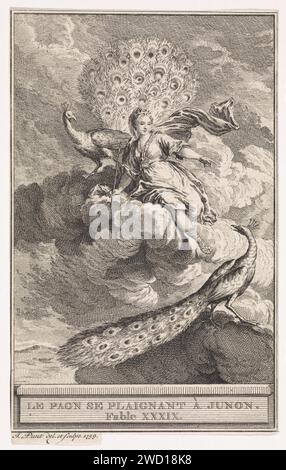 Juno dans de Wolken, Jan Punt, 1759 imprimer Juno est sur les nuages, accompagné de deux paons. Illustration de fabel xxxix le paon se plaigne à junon. Amsterdam gravure sur papier / gravure d'œuvres spécifiques de la littérature. (Histoire de) Juno (Hera). oiseaux d'ornement : paon Banque D'Images