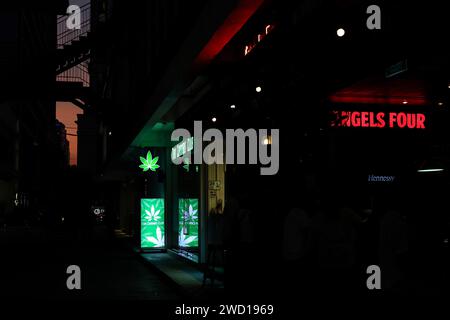 Bangkok, Thaïlande. 17 janvier 2024. Signalisation devant un dispensaire de cannabis dans le district de Nana à Bangkok, Thaïlande, 17 janvier 2024. Le nouveau gouvernement thaïlandais a présenté un projet de loi visant à modifier la législation actuelle sur le cannabis afin d’interdire l’usage récréatif du cannabis après que le pays ait décriminalisé le cannabis récréatif en 2022. (Image de crédit : © Valeria Mongelli/ZUMA Press Wire) USAGE ÉDITORIAL SEULEMENT! Non destiné à UN USAGE commercial ! Banque D'Images