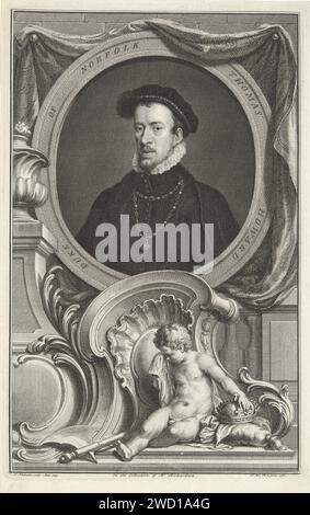 Portrait de Thomas Howard, Jacob Houbraken, d'après Anthonis Mor, 1735 impression Portrait de Thomas Howard, 4e duc de Norfolk, avec un putto endeuillé sous le portrait à côté d'une couronne ducale et de l'épée avec laquelle la personne représentée est coupée. Amsterdam gravure sur papier / gravure Banque D'Images