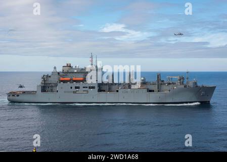 Un hélicoptère MH-60S Sea Hawk transfère des munitions à l'USS Theodore Roosevelt. Banque D'Images