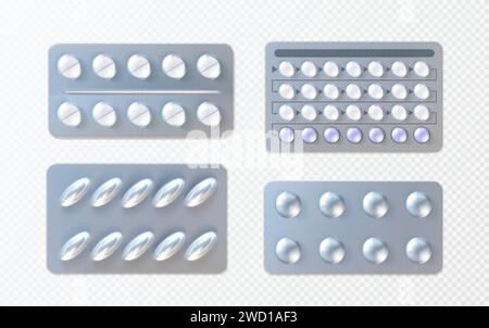 Ensemble 3D de maquettes de blister de pilule isolé sur fond transparent. Vector illustration réaliste des emballages en aluminium avec des comprimés et des capsules, prescription de thérapie médicale, produits pharmaceutiques Illustration de Vecteur