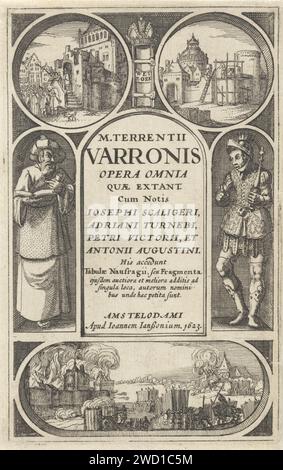 Page de titre pour : Opera Omnia Qvæ existant, 1623, Claes Jansz. Visscher (II), 1623 imprimer page de titre avec un cadre en forme d'arc au milieu dans lequel le titre du livre, flanqué d'un érudit et d'un chevalier. Au-dessus du titre deux fenêtres circulaires avec à gauche une foule qui est adressée depuis les escaliers d'une mairie, et à droite la construction d'un fort. Un code couronné entre les deux fenêtres supérieures. Sous le titre une fenêtre ovale dans laquelle un investissement d'une ville peut être vu. Amsterdam attaque de gravure de papier  SIEGE. armure. vue sur la ville et paysage avec constructions artificielles. couronne (symbole de Banque D'Images