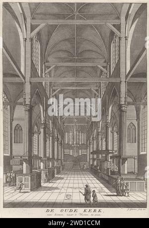 Intérieur de l'Oude Kerk d'Amsterdam, vu à l'ouest, Jan Goeree, 1680 - 1731 imprimer l'intérieur de l'ancienne église d'Amsterdam avec une vue de l'orgue. Au premier plan, les pratiquants. L'impression a une légende néerlandaise. Amsterdam papier gravure / gravure intérieur de l'église. Orgue de l'église ancienne église Banque D'Images