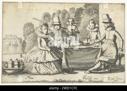 Compagnie utilise un repas à une table dans un jardin, Jan van de Velde (II) (attribué à), après Esaias van de Velde, 1615 - 1620 imprimer pays-Bas papier gravure visite ; recevoir des invités ; élégante compagnie Banque D'Images