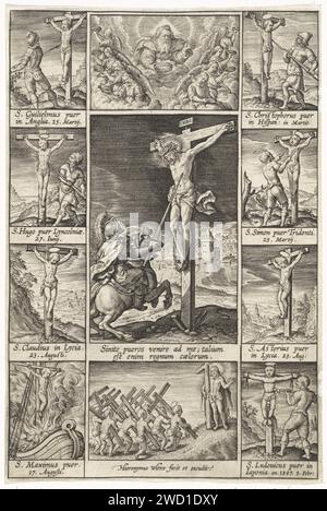 Christ sur la Croix et le Lansdrager, Hieronymus Wierix, 1597 - 1619 imprimer Croix - meurtre du Christ sur Golgota. Longinus poignarde sa lance dans le côté du Christ. Des images d'enfants crucifiés peuvent être vues de chaque côté de cette représentation centrale. Au sommet de Dieu le Père, au milieu des anges avec des couronnes pour les jeunes martyrs. Au fond, Christ est suivi par de jeunes croyants qui portent des croix sur le dos. Anvers gravure sur papier Longinus perce le côté du Christ avec une lance. Dieu le Père (+ ange(s)). mort violente par crucifixion Banque D'Images