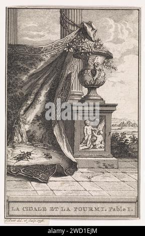 Cicade et fourmi sur un tapis, Jan Punt, 1758 imprimer Un tapis est relié par un vase classique sur une colonne. Il y a une cicade et une fourmi au coin. Illustration de Fabel i la Cigale et la Fourmi. Amsterdam gravure sur papier / gravure d'œuvres spécifiques de la littérature. insectes : fourmi. insectes : cicada Banque D'Images