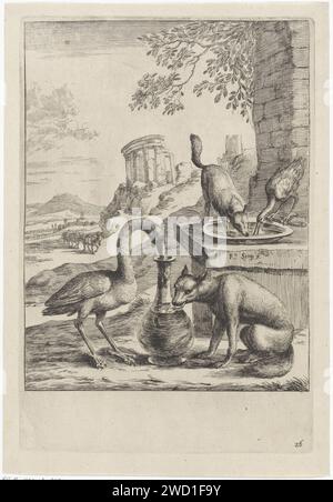 Fabel van de vos et de Kraanvogel, Dirk Stoop, 1665 imprimer le renard invite la grue à manger. Il sert de la soupe sur un plat plat, mais il n'est pas possible pour la grue de manger la soupe de cette façon. La grue invite alors le renard et sert de la nourriture dans une cruche haute et étroite. Le renard ne peut pas manger ici. En arrière-plan des ânes et la ruine d'un temple rond. Illustration d'une fable d'Aesopus. Fables de gravure sur papier de Londres. oiseaux de rivage et échassiers : grue. bêtes de proie, animaux prédateurs : renard Banque D'Images