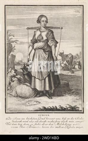 Juin, Caspar Luyken, 1698 - 1702 imprimer le mois de juin. Au premier plan une laitière à côté de deux moutons. Elle porte un joug avec un lait de canne. En arrière-plan, un agriculteur traite une vache. L'impression a une légende allemande de quatre lignes pour le mois de juin. Neurenberg (éventuellement) gravure sur papier / gravure cancer (signe zodiacal de juin). Juin ; 'Giugno' (Ripa). Paysage symbolisant juin. Juin et ses 'labours'. milkmaid. portant quelque chose avec joug. traite. mouton. vache Banque D'Images