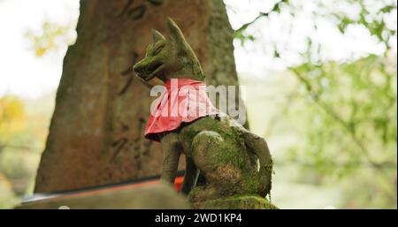 Statue de renard au sanctuaire dans la forêt avec l'histoire spirituelle, la culture japonaise et l'art vintage dans la nature. Voyage, monument et pierre nezu jinja sculpture dans Banque D'Images