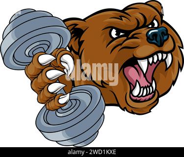 Bear Grizzly Weight Lifting Dumbbell Gym Mascot Illustration de Vecteur