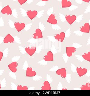 Motif sans couture avec des coeurs roses ailés sur un fond beige. Illustration vectorielle plate Illustration de Vecteur