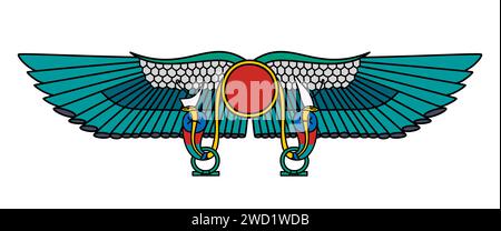 Soleil ailé de Thèbes. Symbole solaire de la divinité, de la royauté et du pouvoir dans l'Egypte ancienne, un disque solaire ailé flanqué de chaque côté d'un uraeus. Banque D'Images