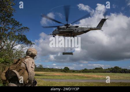 U.S. Marine regarde un CH-53 Sea Stallion décoller avec un système de fusée d'artillerie à haute mobilité. Banque D'Images