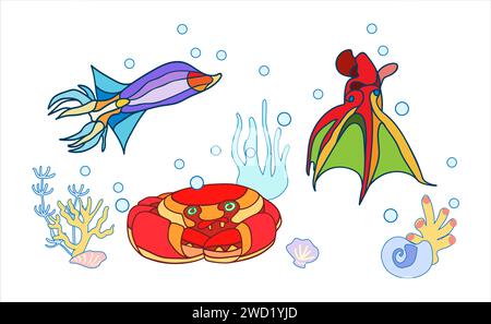Animaux marins. Crabe ermite, seiche et calmar sur fond d'algues. Plancher océanique. Illustration vectorielle Illustration de Vecteur