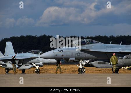 Les growlers EA-18G descendent de la ligne de vol à la base aérienne de Misawa, au Japon. Banque D'Images