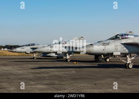 F/A-18E Super Hornets prêt à quitter la Naval Air Facility Atsugi, Japon. Banque D'Images