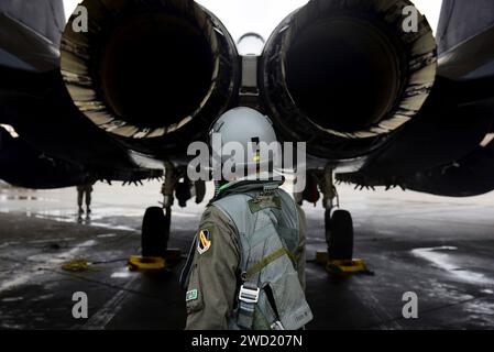Un officier de l'US Air Force effectue une vérification avant vol sur un F-15E Strike Eagle. Banque D'Images