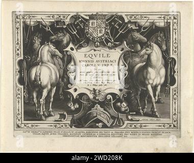 Impression titre d'une série sur les écuries royales de Don Juan van Austria, Adriaen Collaert, d'après Jan van der Straet, c. 1578 - c. 1582 impression dans un cadre ornemental quelques chevaux et un cartouche avec le titre de la série de presse. En arrière-plan instruments agricoles. L'estampe a une légende latine et fait partie d'une série sur les écuries royales de Don Juan van Austria imprimeur : Antwerpafter design by : Florencepublisher : Antwerp Paper gravure Horse. page-titre. outils agricoles : fourche à pichet Banque D'Images