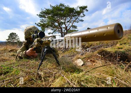 Un parachutiste de l'armée américaine engage des cibles lors de l'entraînement de tireurs d'élite à Pocek Range en Slovénie. Banque D'Images