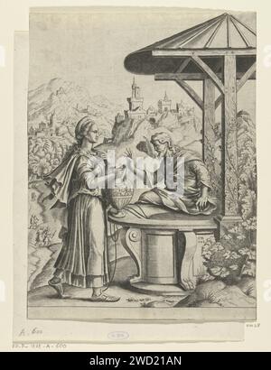 Christ et la Samaritaine, Cornelis Bos, 1548 print Christ est assis au bord d'un puits. La Samaritaine lui propose de boire dans sa cruche d'eau. Un paysage montagneux avec des châteaux et des forteresses peut être vu en arrière-plan. Neurenberg (peut-être) gravure sur papier Christ et la femme de Samarie : assis au puits de Jacob, il lui demande de boire un verre dans sa cruche Banque D'Images