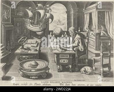 Invention de la boussole, Jan Collaert (II) (attribué à), d'après Jan van der Straet, c. 1589 - c. 1593 imprimer le mathématicien Flavio Goija, selon la légende l'inventeur de la boussole. Asseyez-vous dans son bureau et faites quelques calculs avec son passeur. Toutes sortes d'instruments scientifiques sur sa table de travail. Un modèle de galloy est suspendu au plafond. L'estampe a une légende latine et fait partie d'une série de dix-neuf parties sur les nouvelles inventions et découvertes. Imprimeur : Antwerpafter design by : FlorencePublisher : Anvers papier gravure médicament, médecine. boussole. appareils de laboratoire et équipements Banque D'Images