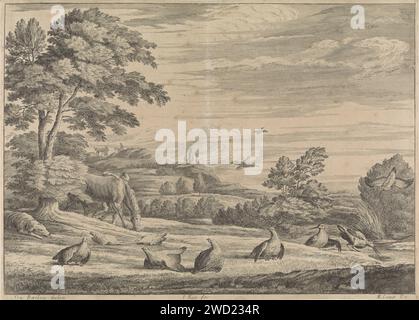 Paysage avec faisans et sniping, Johannes Kip, après FRA. Barloro, 1662 - 1722 imprimer paysage vallonné avec des arbres et un ruisseau avec faisans et snip au premier plan. Sur la gauche près de l'arbre, un chien se faufile vers les oiseaux et derrière l'arbre un homme avec un cheval de pâturage. Collines en arrière-plan. chien graveur de papier. cheval. marcheur et coureur. étang Banque D'Images