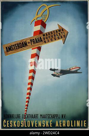 Amsterdam-Prague. 1951' cette affiche pour KLM et Československé Aerolinie présente une flèche rouge et blanche rayée avec les noms des villes 'AMSTERDAM - PRAHA - VARSOVIE - BUCAREST - BELGRADE', et un avion volant en arrière-plan. Le style est moderne du milieu du siècle avec des éléments géométriques. Banque D'Images