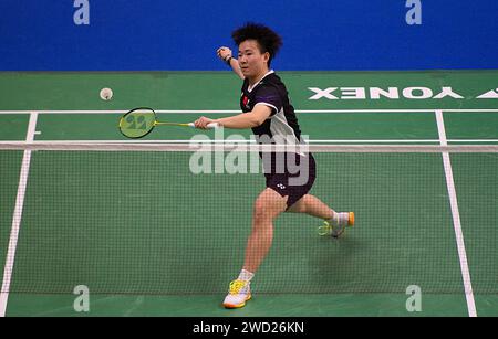 New Delhi, Inde. 18 janvier 2024. HE BingJiao participe au match de deuxième tour en simple féminin entre He BingJiao, de Chine, et Pornpawee Chochuwong, de Thaïlande, au tournoi de badminton India Open 2024 à New Delhi, en Inde, le 18 janvier 2024. Crédit : Javed Dar/Xinhua/Alamy Live News Banque D'Images