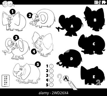 illustration de dessin animé de trouver les ombres à droite à l'activité éducative d'images avec des éléphants animaux personnages à colorier page Illustration de Vecteur