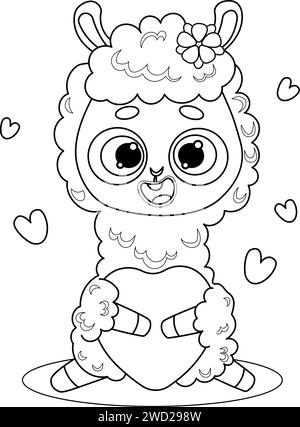 Llama Alpaca. Animal mignon amoureux du cœur. Saint-Valentin romantique festive. Illustration vectorielle. Dessin au trait, livre de coloriage. Collection enfants Illustration de Vecteur